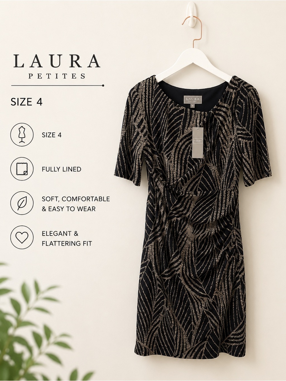 Laura Petite Black Midi Dress with Gold Leaf Pattern Sz 4P NWT